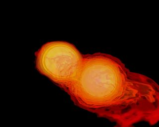 Two neutron stars collide in a new video produced by NASA.