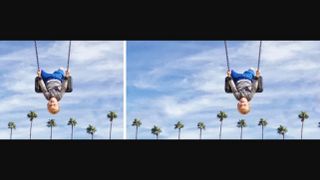 Before and after shots of boy on swing against blue sky