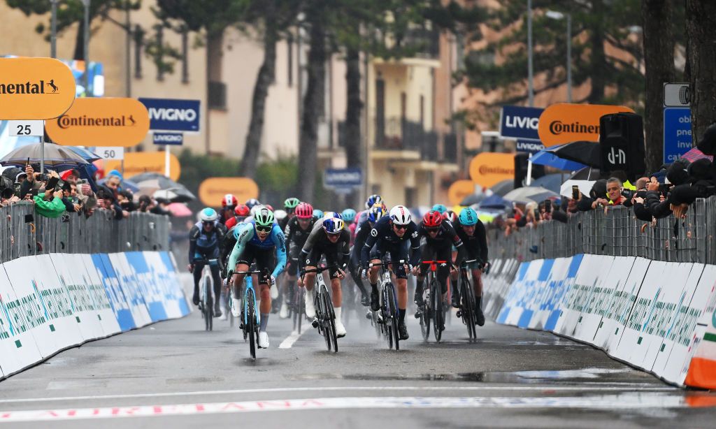COLFIORITO ITALY MARCH 12 LR Andrea Vendrame of Italy and Decathlon Ag2R La Mondiale Team Thomas Pidcock of The United Kingdom and Q365 Pro Cycling Team and Romain Gregoire of France and Team Groupama FDJ sprint at finish line to win during to the 60th TirrenoAdriatico 2025 Stage 3 a 239km stage from Follonica to Colfiorito UCIWT on March 12 2025 in Colfiorito Italy Photo by Tim de WaeleGetty Images