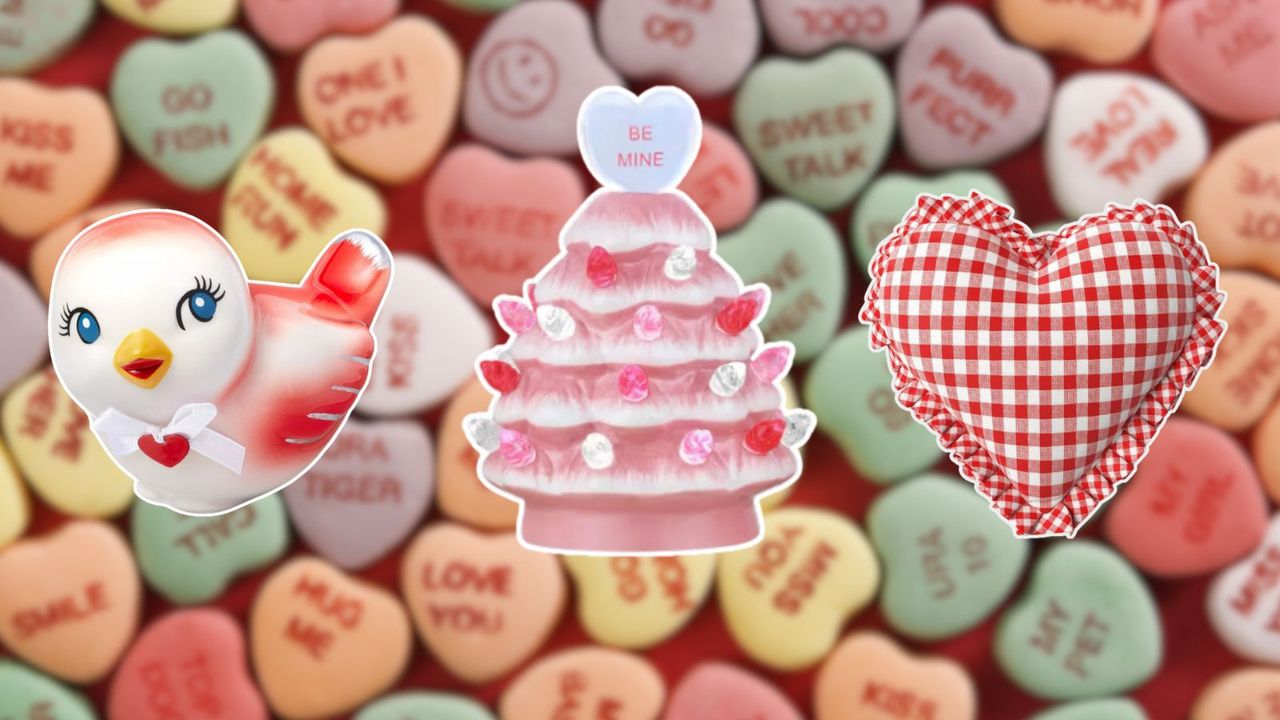 Target Valentine&#039;s Day decor including a red ceramic bird, a pink nostalgic Christmas tree, and a heart gingham red and white pillow on a background of sweethearts