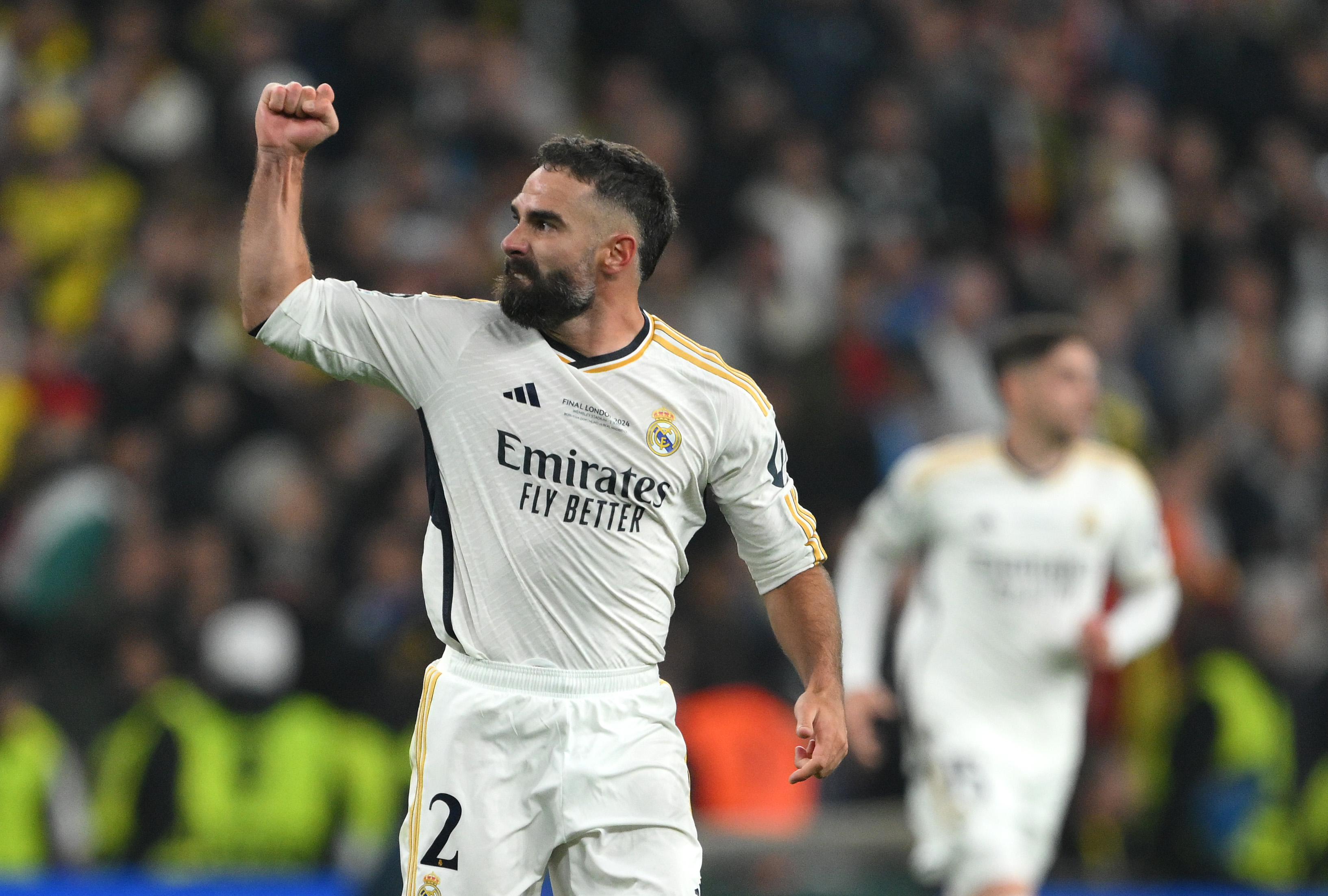 Dani Carvajal celebrates after scoring Real Madrid's opening goal against Borussia Dortmund in the 2024 Champions League final at Wembley.