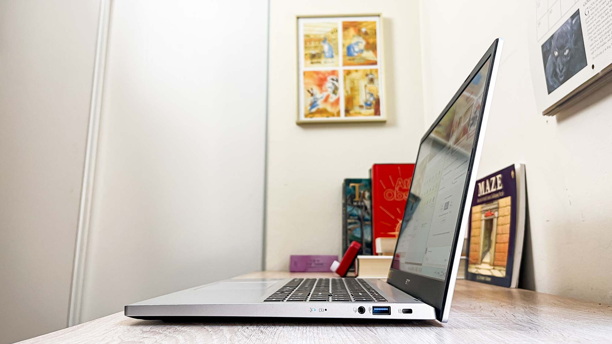 Acer Aspire Go 15 (2024) review unit on desk with ports facing camera