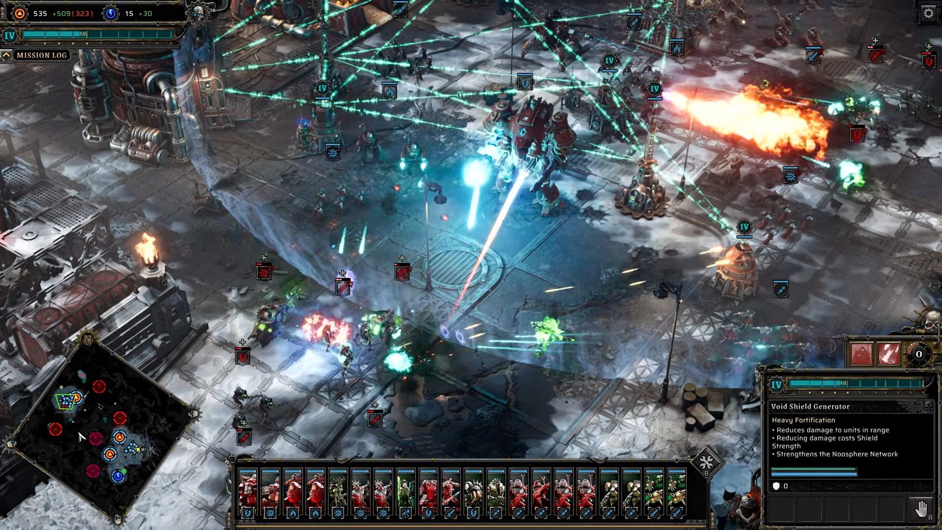 A sci-fi strategy game battle fills a snowy industrial battlefield, with glowing energy beams, explosions, armored units, and a tactical interface creating a chaotic, intense mood.