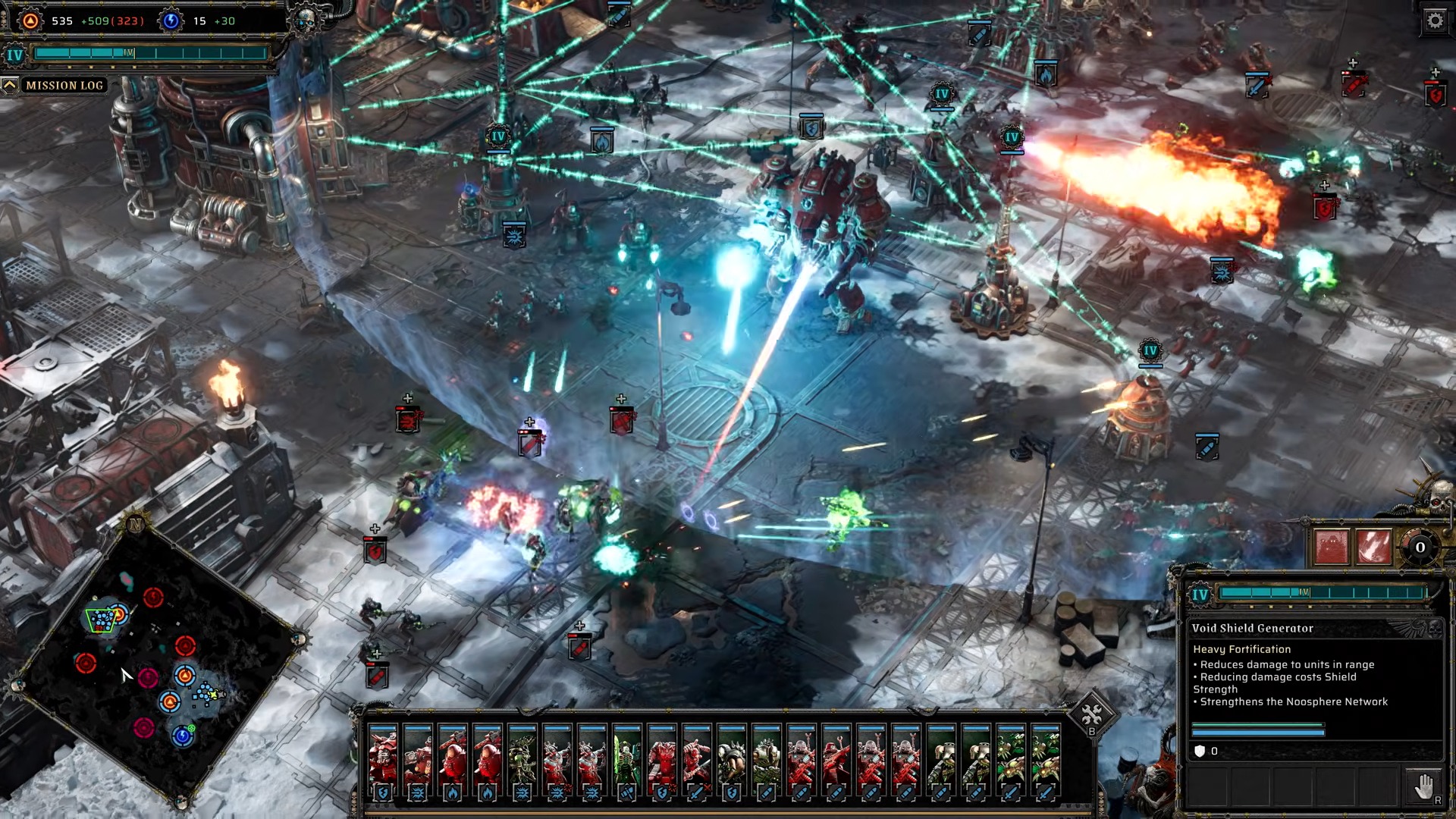 A sci-fi strategy game battle fills a snowy industrial battlefield, with glowing energy beams, explosions, armored units, and a tactical interface creating a chaotic, intense mood.