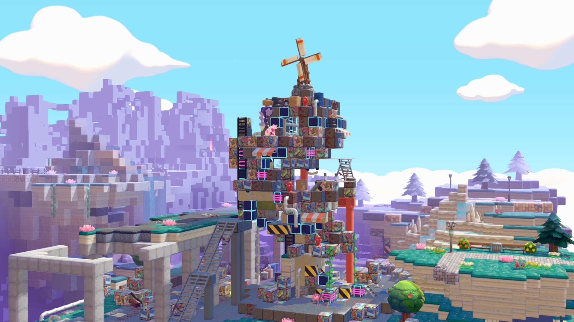 A windmill on top of a spiralling structure that has been built in Pokemon Pokopia
