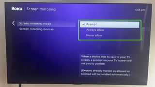 In the Roku Screen Mirroring settings window, the Prompt, Always Allow and Never Allow options on the right side of the screen are highlighted.
