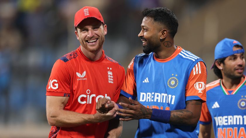 Jos Buttler of England shakes hands with Hardik Pandya of India after India vs England in the 5th T20 International