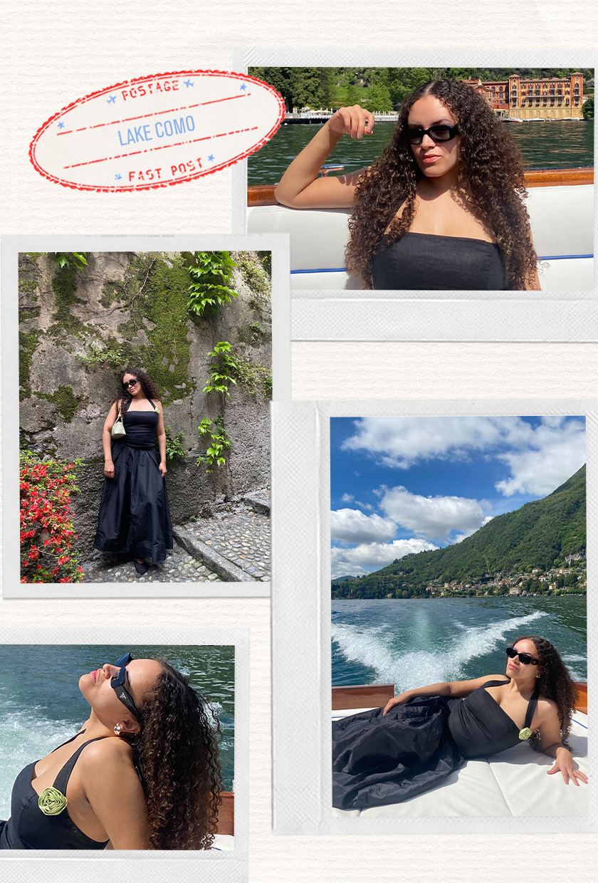a collage of an editor in Lake Como wearing a black halter top with a green rosette styled with a black full skirt, silver earrings, black sunglasses, mesh ballet flats, and a green shoulder bag
