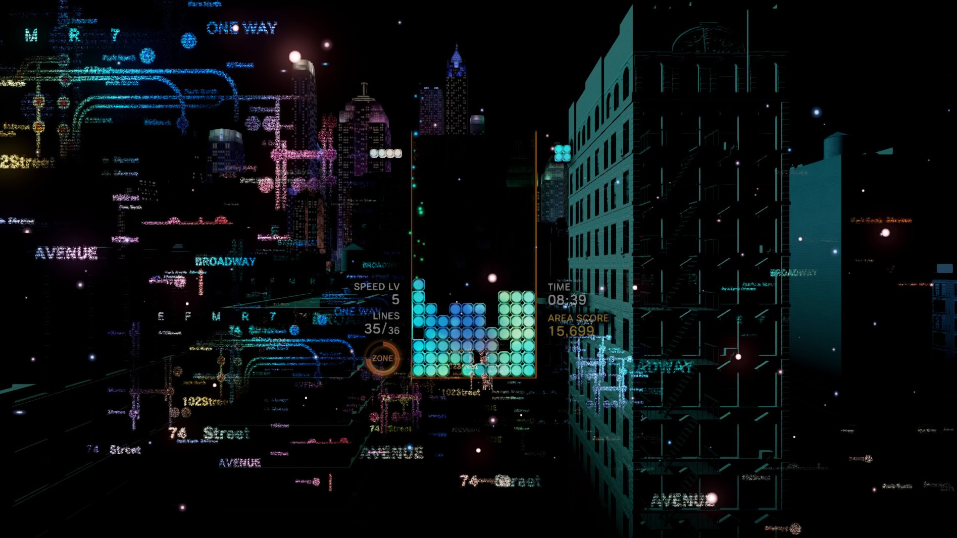 A Tetris Effect level in a cityscape at night