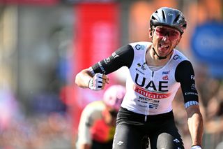 BERGAMO ITALY MAY 21 Brandon Mcnulty of The United States and UAE Team Emirates celebrates at finish line as stage winner during the 106th Giro dItalia 2023 Stage 15 a 195km stage from Seregno to Bergamo UCIWT on May 21 2023 in Bergamo Italy Photo by Stuart FranklinGetty Images