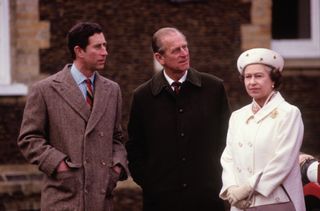 Prince Charles, Prince Philip the Duke of Edinburgh and the Queen on January 3, 1988 at Sandringham in Norfolk