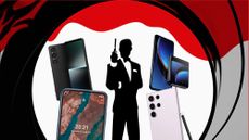 an image of the James Bond gun barrel with a selection of smartphones