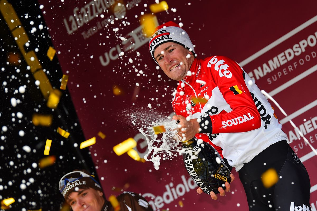 Tiesj Benoot celebrates his victory