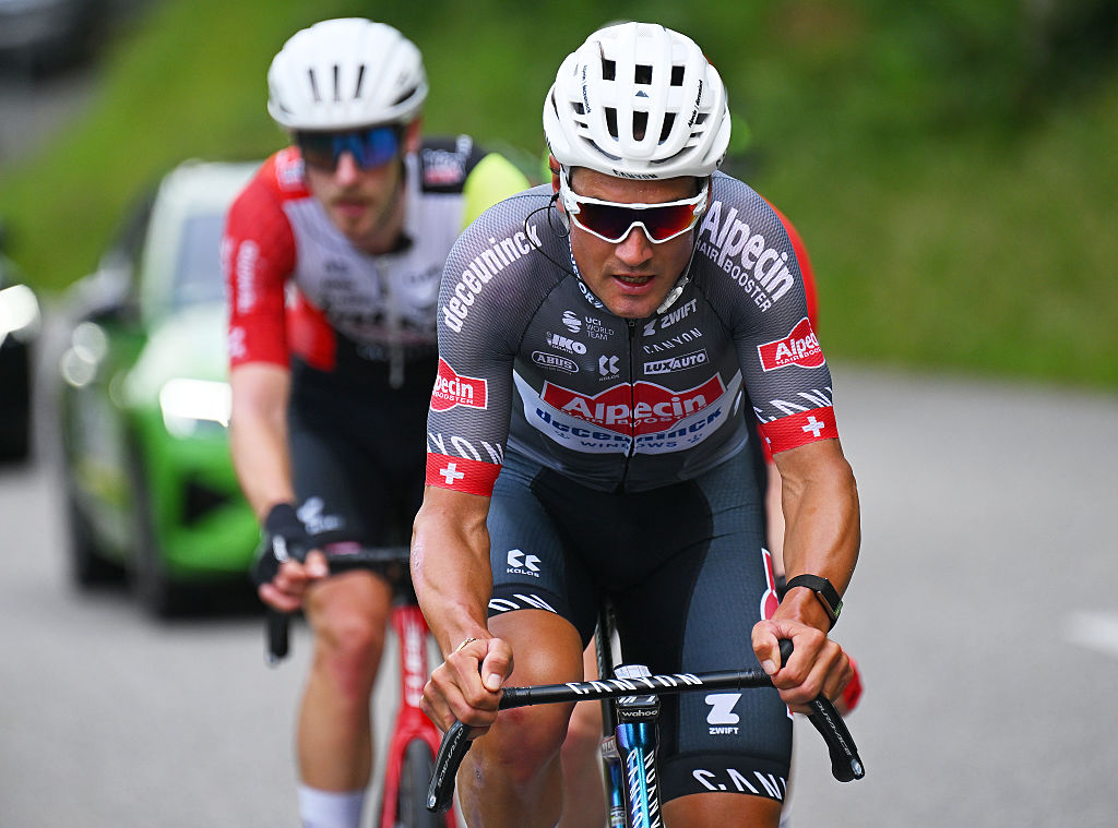 Silvan Dillier (Alpecin-Deceuninck) leads Jonas Rutsch (Intermarché-Wanty) and Mauro Schmid (Jayco-AlUla) in the Tour de Suisse breakaway