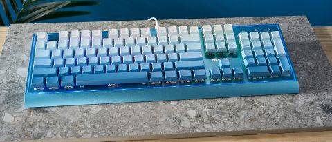 A blue Redragon Blue Siren K654 wired mechanical keyboard with multi-tone blue keycaps