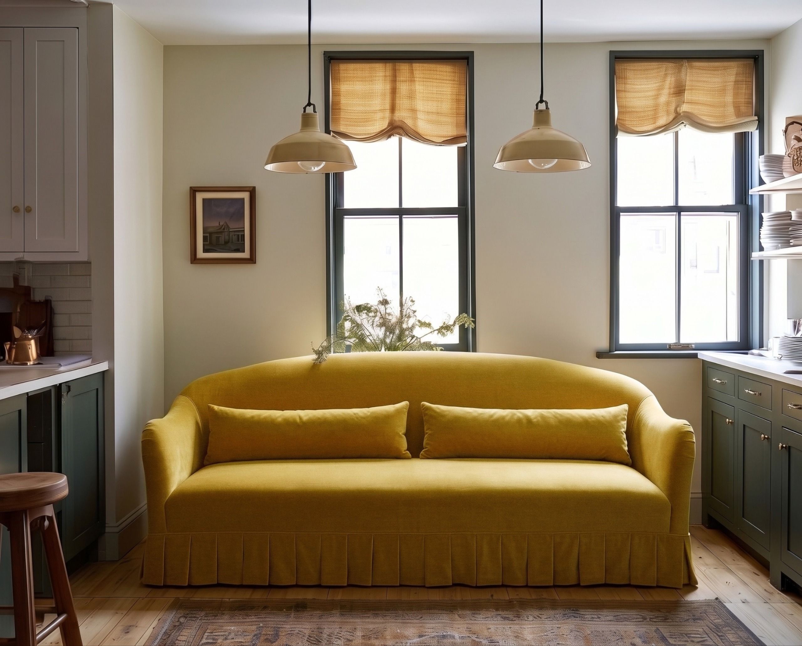 A small ochre yellow sofa in a cream and dark green, modern traditional kitchen.