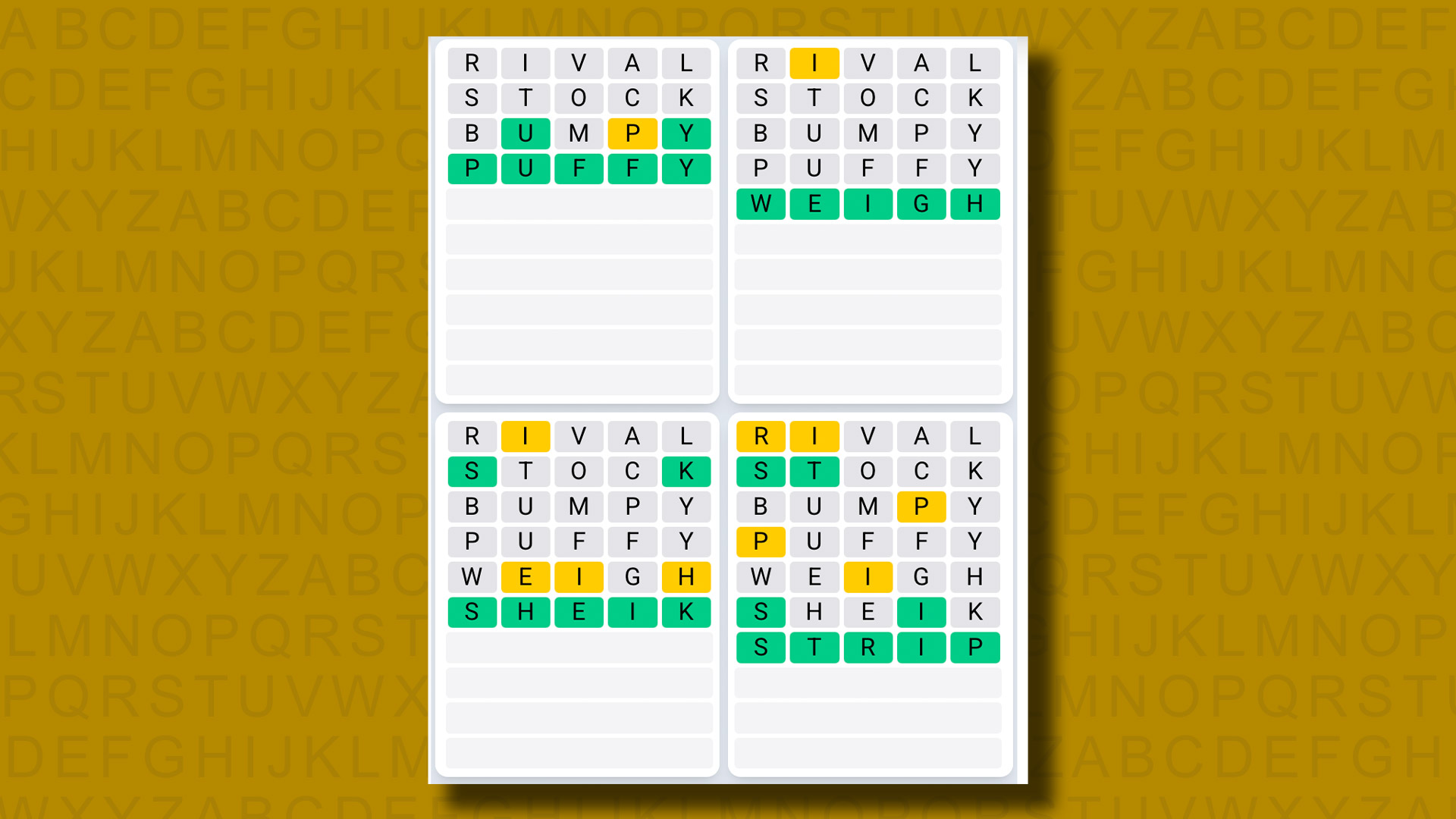 Quordle Daily Sequence answers for game 1301 on a yellow background
