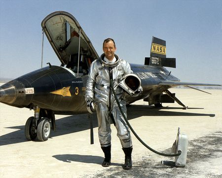 NASA research pilot William Bill Dana is seen standing next to the X-15 rocket-powered aircraft after a flight in 1967. Dana died on May 6, 2014 at the age of 83.