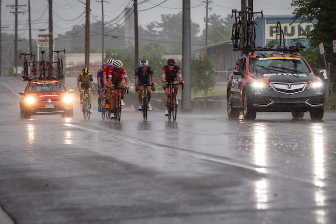 Heavy rains begin with a couple of laps remaining during the US Pro Road Race National Championships on June 24, 2018 in Knoxville, Tennessee