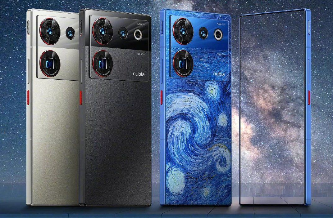 The Nubia Z50 Ultra shown in grey, black, and a Van Gogh inspired Starry Night colourway