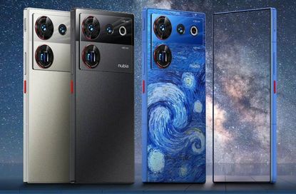 The Nubia Z50 Ultra shown in grey, black, and a Van Gogh inspired Starry Night colourway