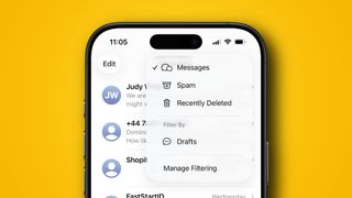 The Messages app in iOS 26 showing a filter menu.