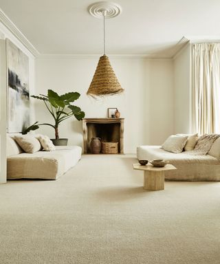 Warm carpeted living room with neutral decor and woven natural accents