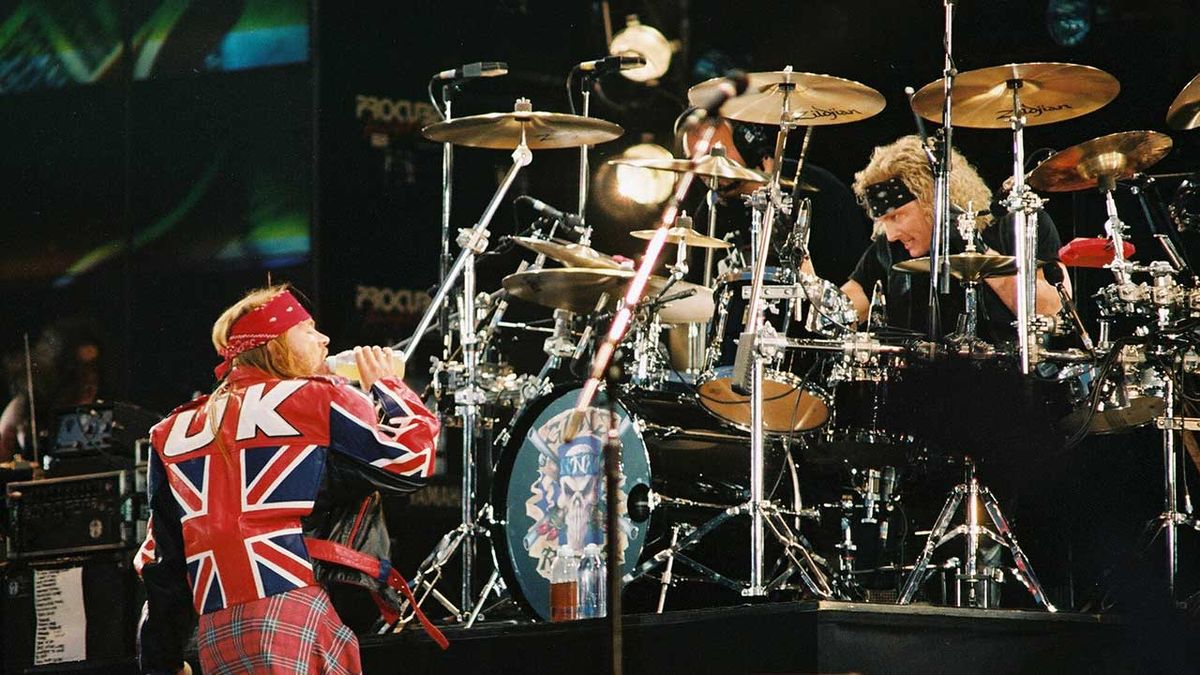 Axl Rose and Matt Sorum onstage in 1992