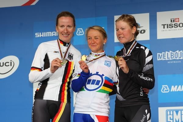 The women's time trial podium - Judith Arndt (Germany), Emma Pooley (Great Britain) and Linda Villumsen (New Zealand)