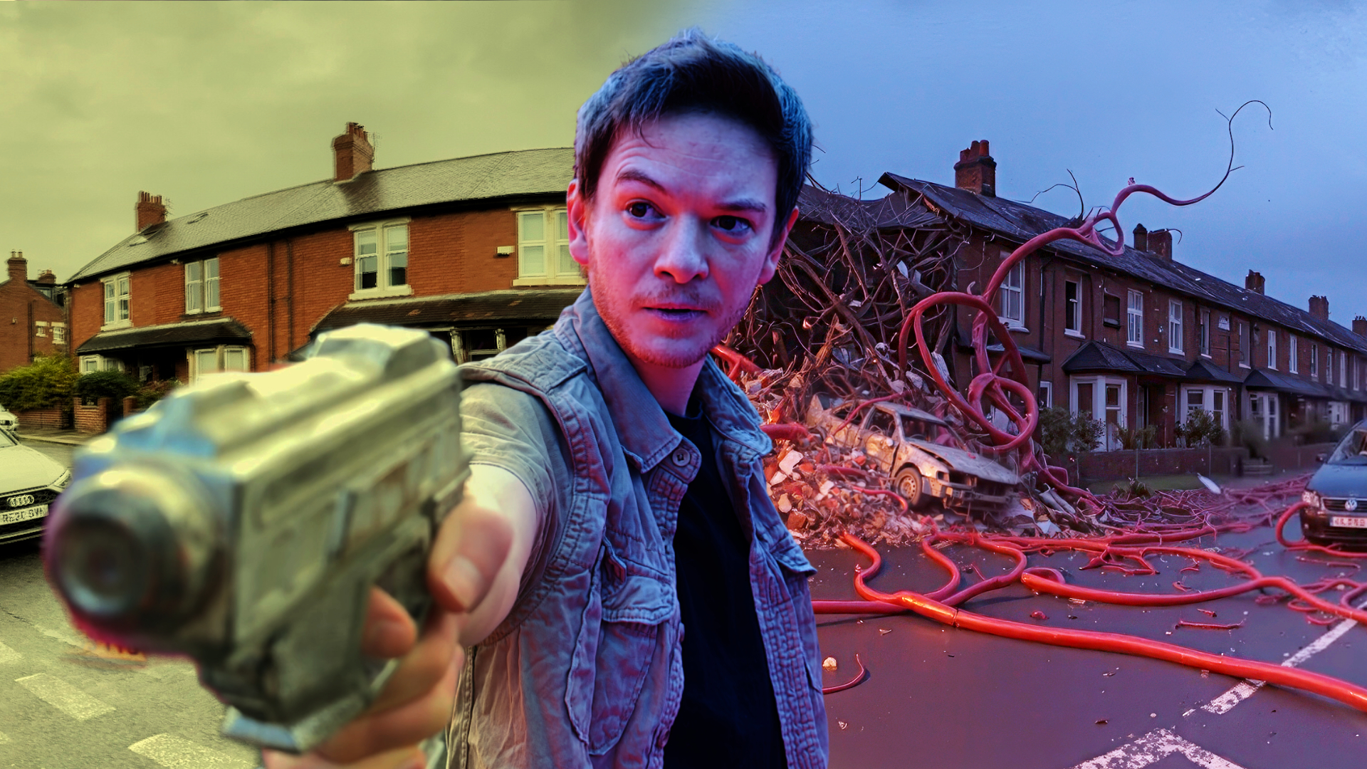 A man holds a gun, standing in a street with CGI tentacles