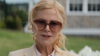 Nicole Kidman as Greer being interviewed by a reporter at her Nantucket home in The Perfect Couple.