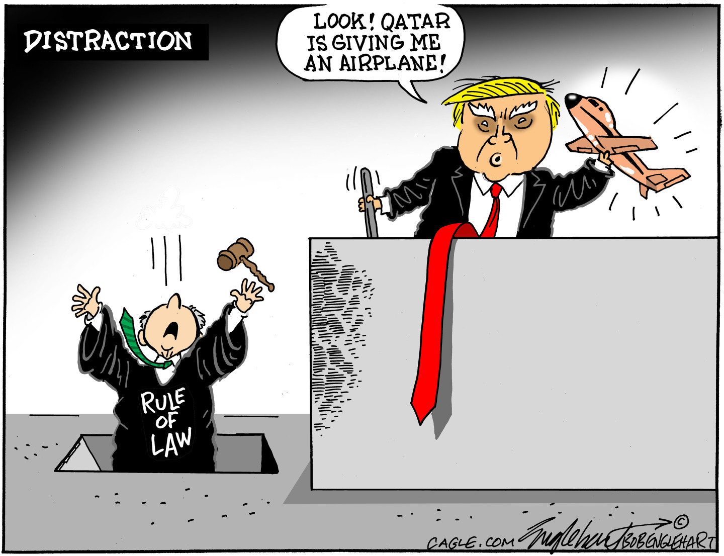 A political cartoon titled "DISTRACTION" shows two scenes. On the left, a figure in a judge's robe labeled "Rule of LAW" falls backward into a dark square opening, arms raised and a gavel flying in the air. On the right, Donald Trump holds a small airplane in one hand and level in the other. He exclaims, "LOOK! QATAR IS GIVING ME AN AIRPLANE!"