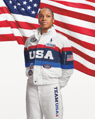 athlete Shilese Jones wears the US olympic closing ceremony uniform