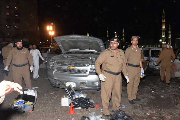 Police officers near the Prophet&amp;#039;s Mosque in Medina.