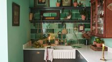 A green tiled vintage kitchen with sink, shelves, wooden cabinet and brass detailings