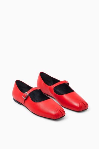 Pleated Leather Mary-Jane Ballet Flats