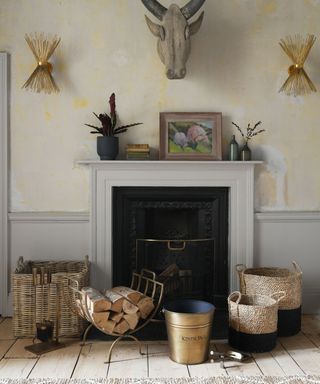 Fireplace with brass fireside accessories