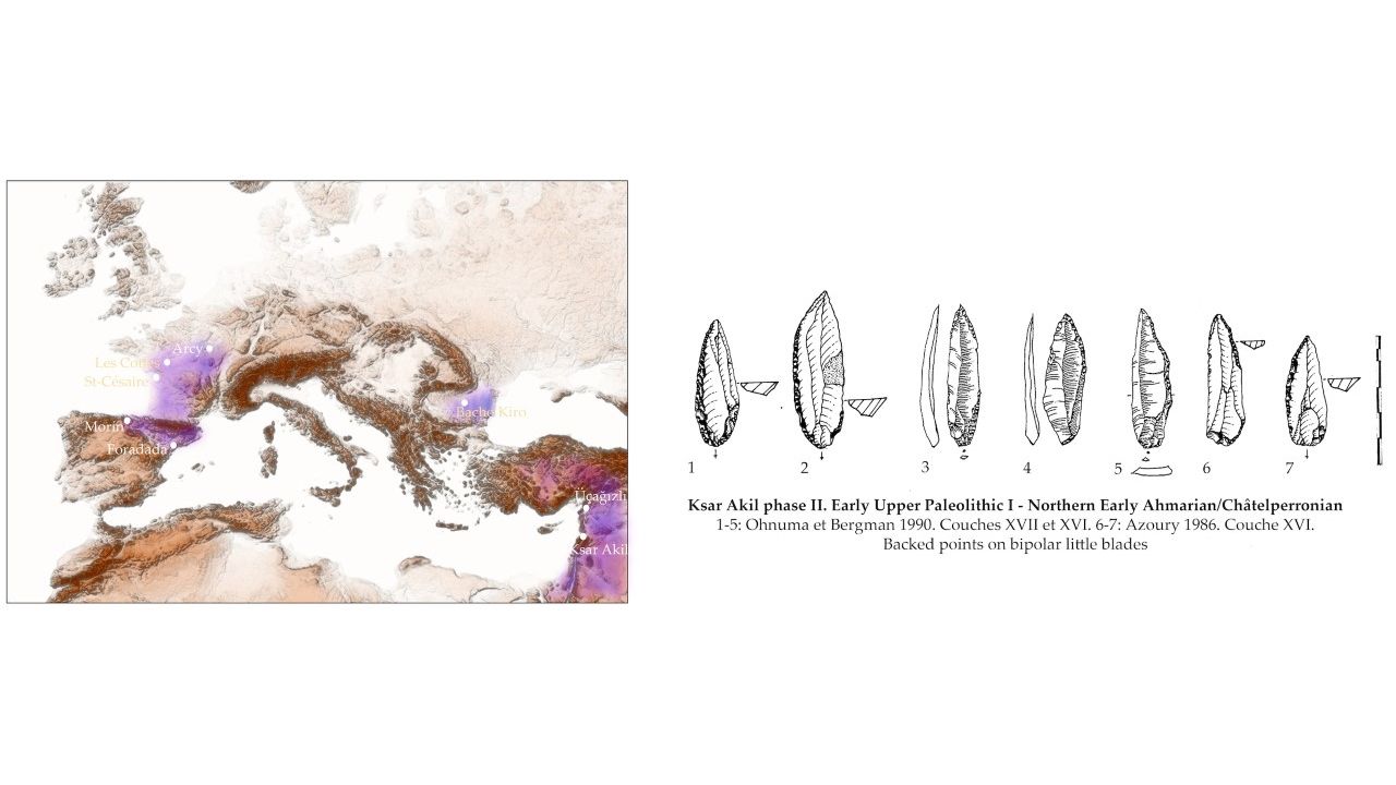 These maps show evidence for three distinct waves of early migration of Homo sapiens in Europe from the East Mediterranean coast. In phase 2, the Ch&acirc;telperronians left tools about 45,000 years ago.