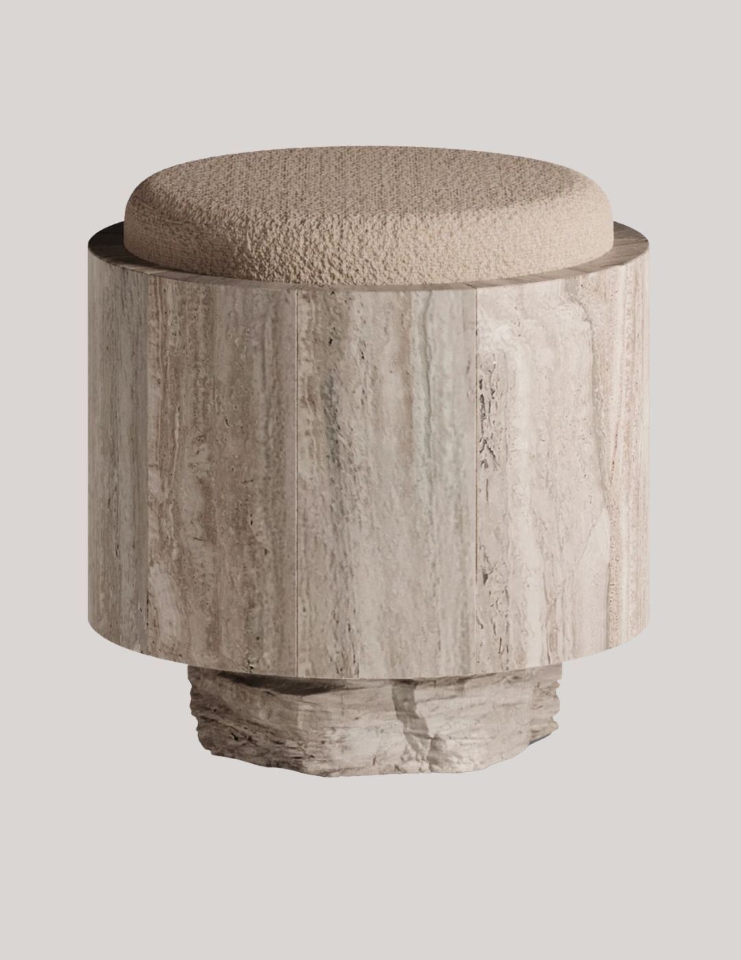 Round Striated Travertin Sculptural Stool against pale brown background.