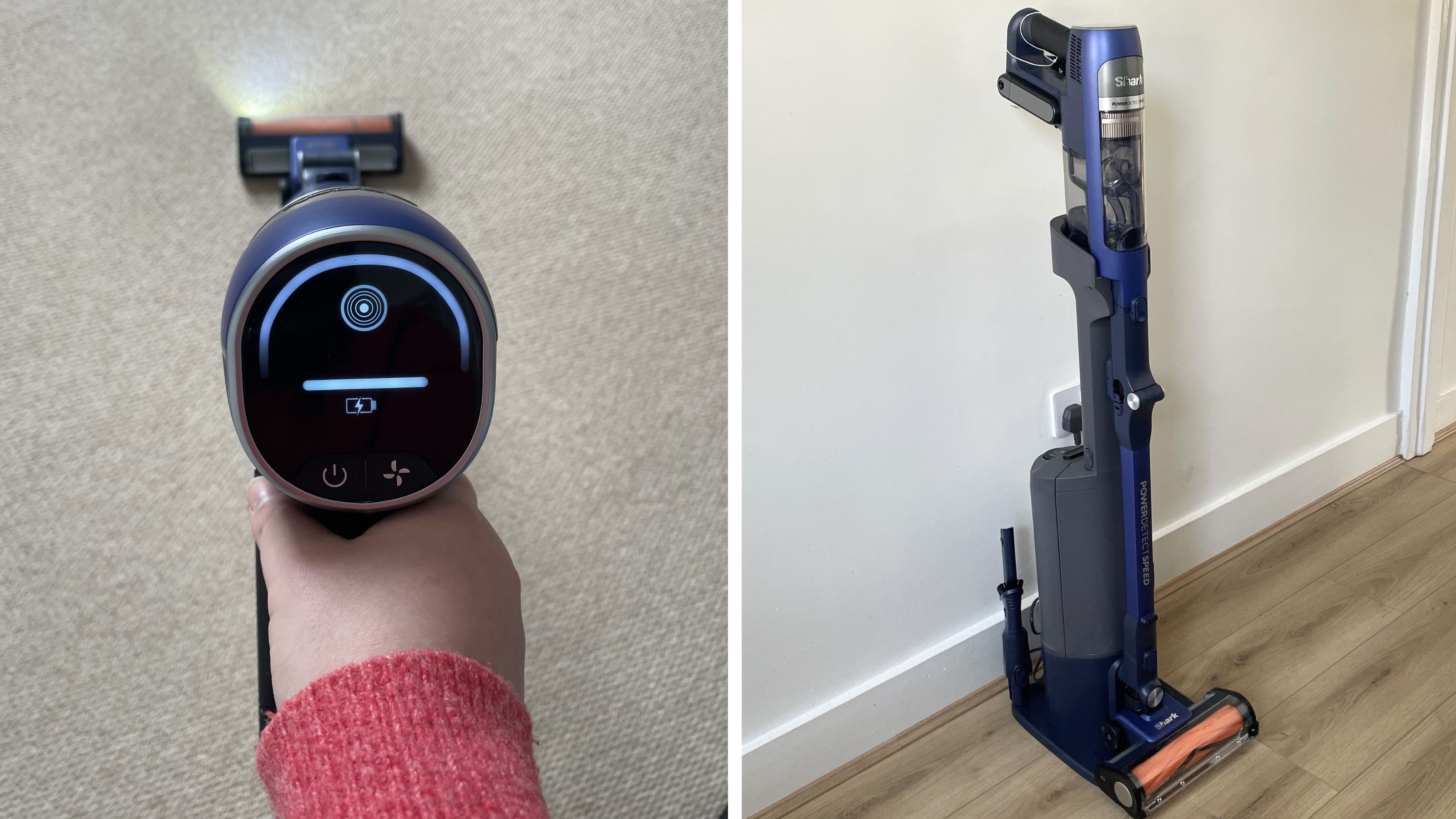 Shark PowerDetect Speed Clean and Empty Pet Pro in use on carpet on the left, and sitting on its auto-empty dock on wood-effect flooring on the right