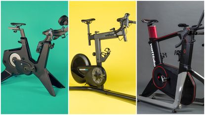 collage of the best indoor smart bikes selected by cycling weekly. Including the Watt Bike Atom, Wahoo Kickr Bike Shift And Taxc Neo Bike Plus