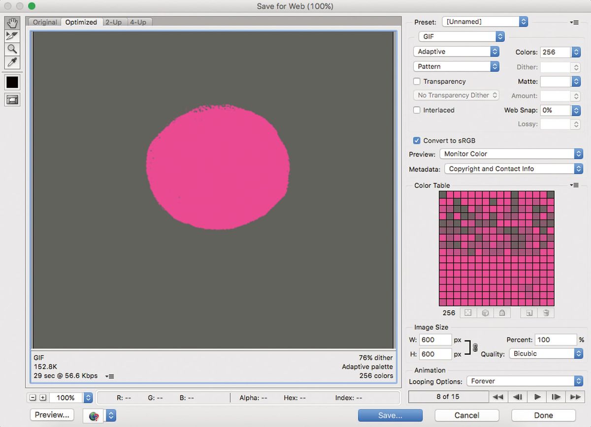 The Save for Web panel allows you to&nbsp;customise your saved colours. By unclicking a&nbsp;hue, you can remove it&nbsp;from your palette.