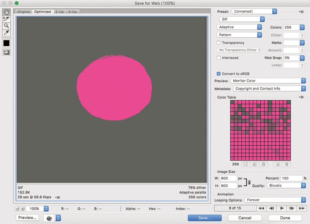 The Save for Web panel allows you to&nbsp;customise your saved colours. By unclicking a&nbsp;hue, you can remove it&nbsp;from your palette.