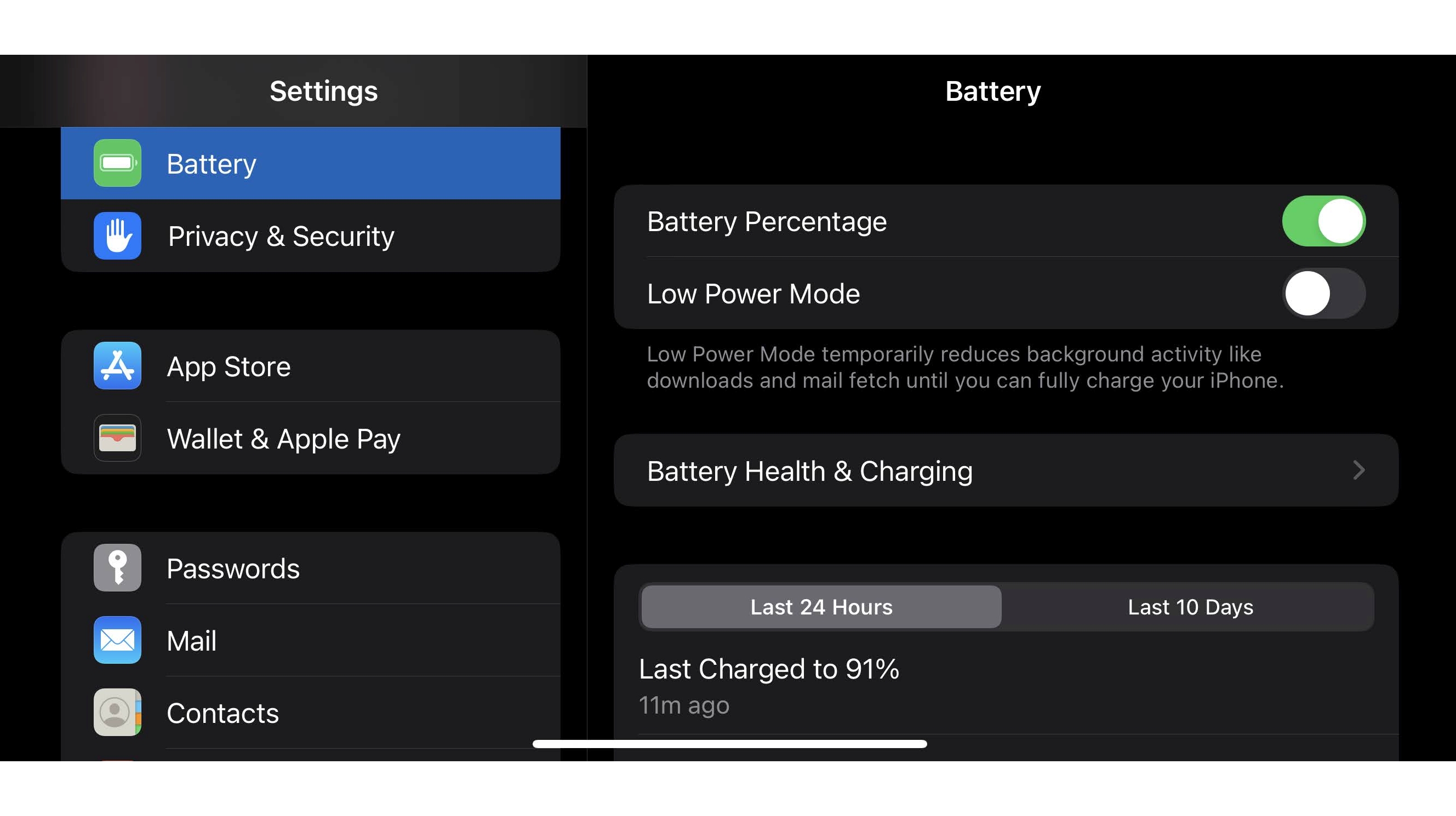 Pantalla de configuración de la batería del iPhone