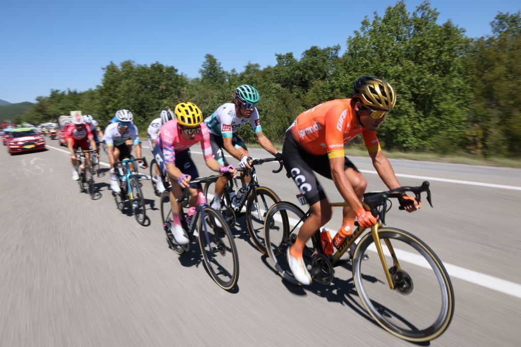 Team CCC rider Belgiums Greg Van Avermaet 1stR and the sscapees ride during the 6th stage of the 107th edition of the Tour de France cycling race 191 km between Le Teil and Mont Aigoual on September 3 2020 Photo by Kenzo Tribouillard AFP Photo by KENZO TRIBOUILLARDAFP via Getty Images