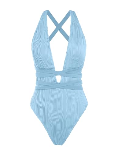 Zaful Women's One Piece Swimsuit Deep V Neck Ribbed Self Tie Sexy High Cut Bathing Suit Crisscross Back Swimwear Powder Blue M