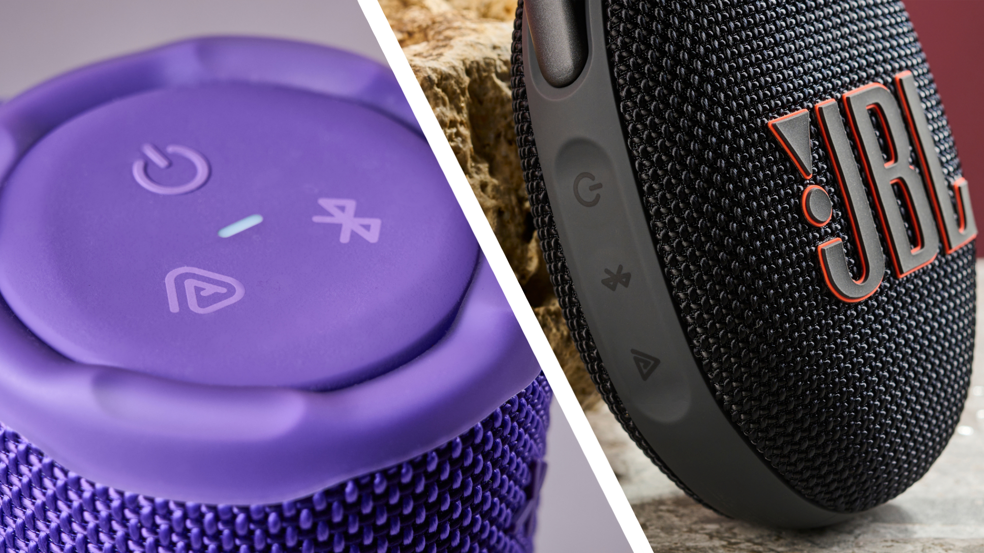 A close-up of the JBL Grip buttons, left, and the JBL Clip 5 buttons, right.