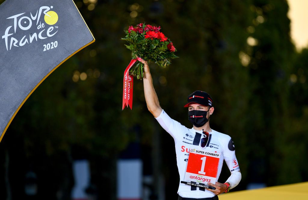 PARIS FRANCE SEPTEMBER 20 Podium Marc Hirschi of Switzerland and Team Sunweb Most Combative Rider Celebration during the 107th Tour de France 2020 Stage 21 a 122km stage from MantesLaJolie to Paris Champslyses TDF2020 LeTour on September 20 2020 in Paris France Photo by Stuart FranklinGetty Images