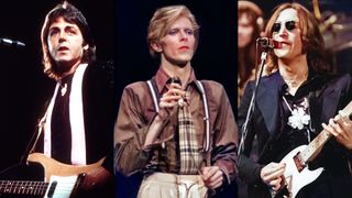 LEFT: Paul McCartney, fronts his next band "Wings" in May 1976 in Los Angeles, California. CENTER: David BOWIE, performing live onstage on Philly Dogs Tour, 1975. RIGHT: John LENNON, performing live onstage - last live appearance, with Elton John, 1975