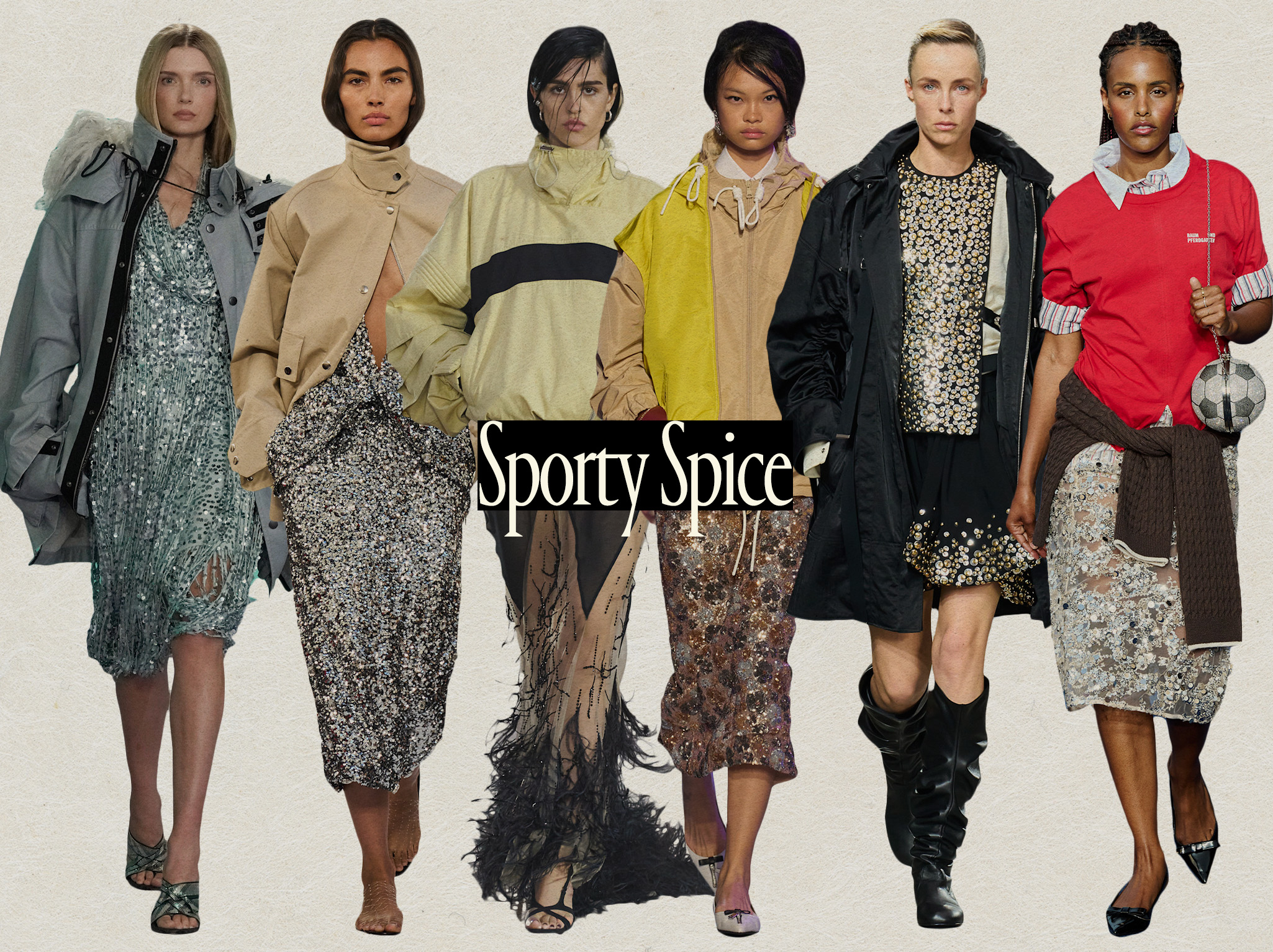 A collage of runway images showing the Sporty Spice spring trend in the collections of Burberry, Brandon Maxwell, The Attico, N°21, Rabanne, and Baum und Pferdgarten.